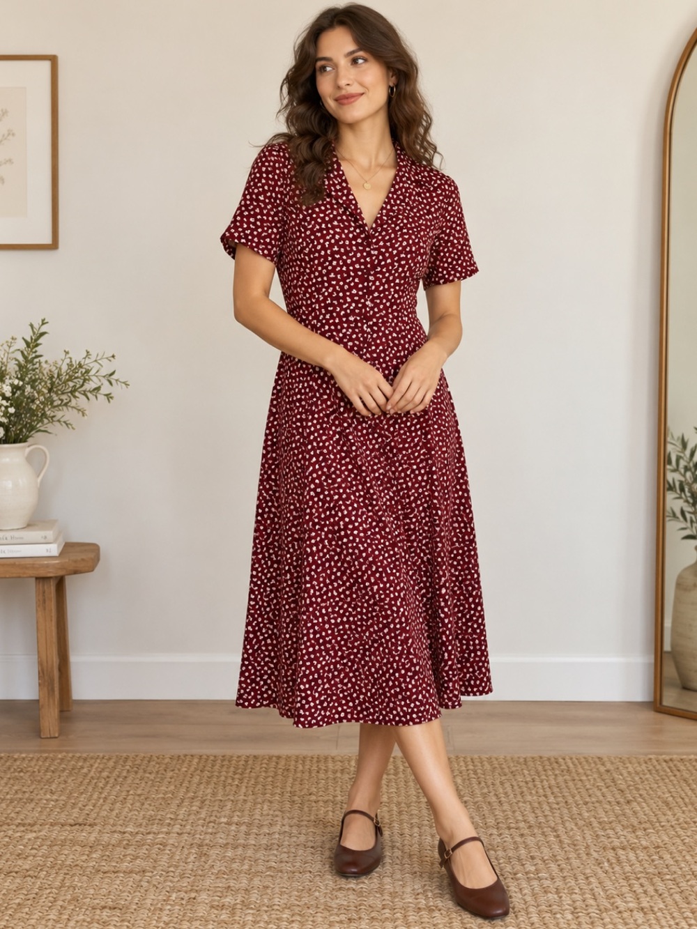 Vintage Patricia Magali Animal Novelty Print Collar Shirt Midi Dress Burgundy 16